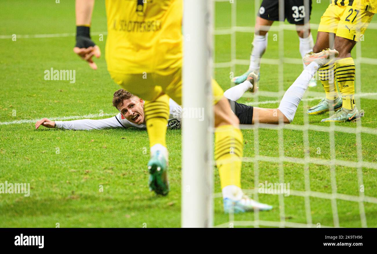 Jesper LINDSTROEM (Lindstrom)(F) falls in the penalty area after a foul by Karim-David ADEYEMI (DO/ not in the picture), there is no penalty, action, contentious scene, football 1st Bundesliga, 12th matchday, Eintracht Frankfurt (F) - Borussia Dortmund (DO) 1: 2, on October 29th, 2022 in Frankfurt/Germany. #DFL regulations prohibit any use of photographs as image sequences and/or quasi-video # Stock Photo