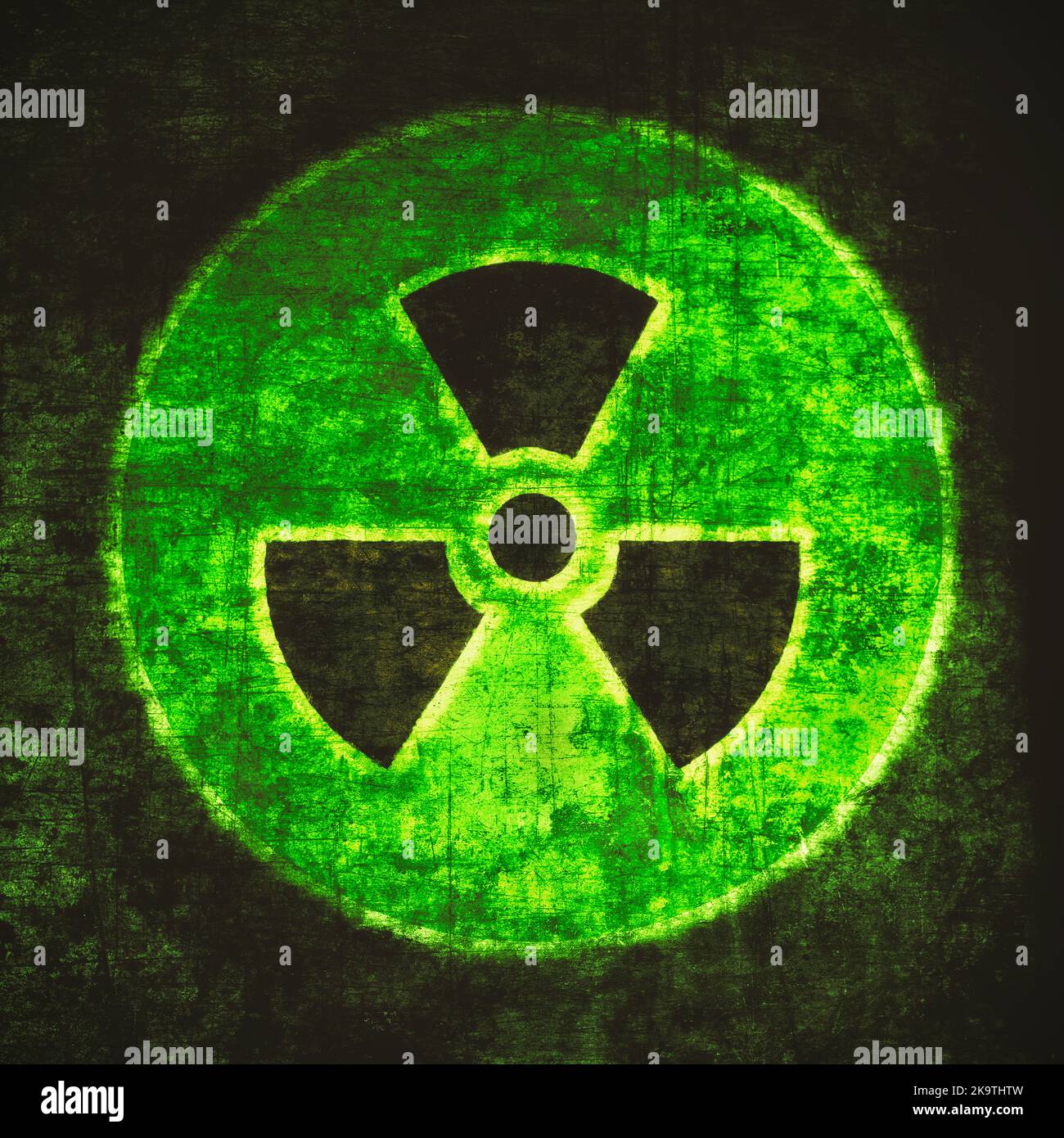 Radiation Sign Green On Black Nuclear Hazard Emblem Grunge Textured 