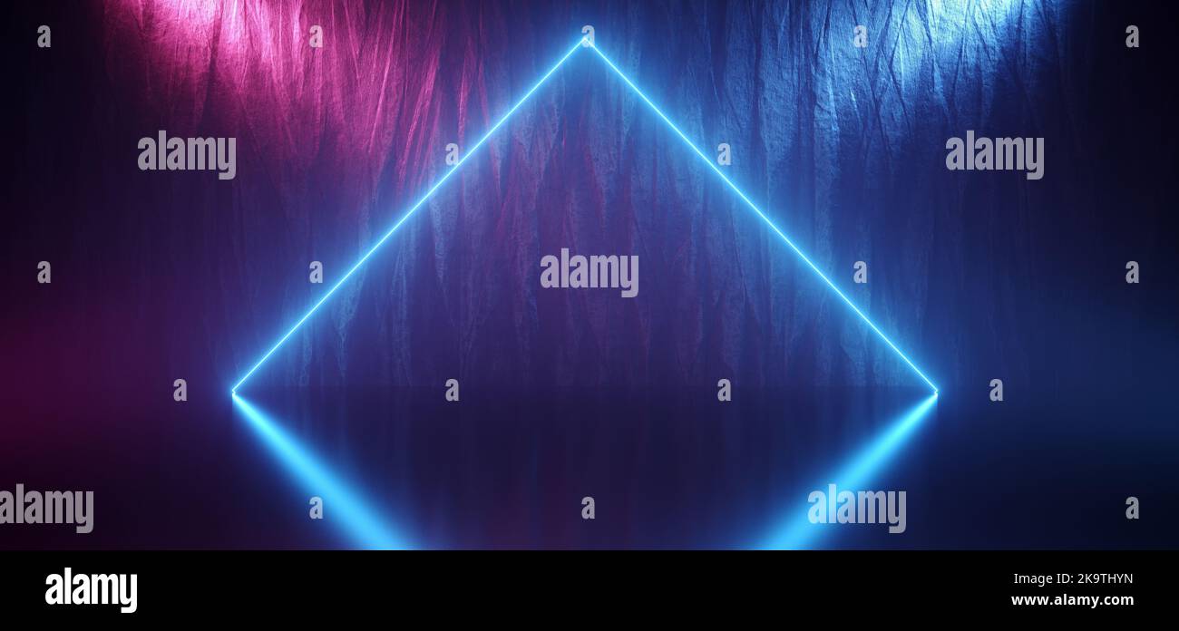 Neon Glowing Laser Blue Triangle Purple Spotlights Show Star Club Dance Podium Grunge Glossy Stage With Rock Underground Wall 3D Rendering Illustratio Stock Photo