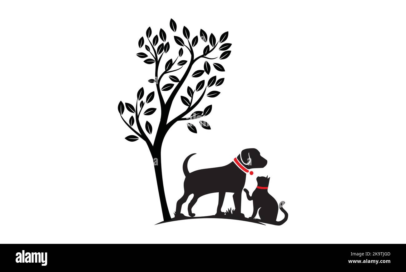 Dog With Cat And Tree logo design template. Vector Illustration Stock