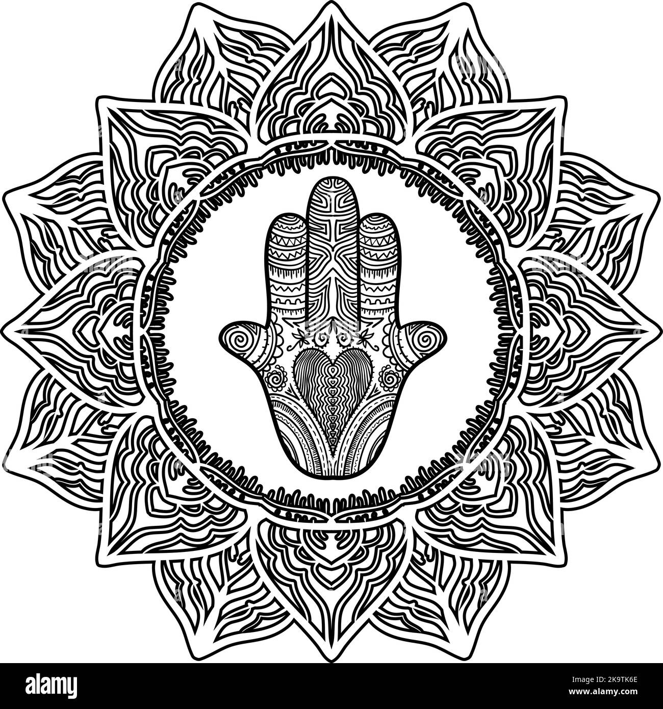 Mandala and hamsa. Hamsa henna tattoo with ethnic ornament Stock Vector