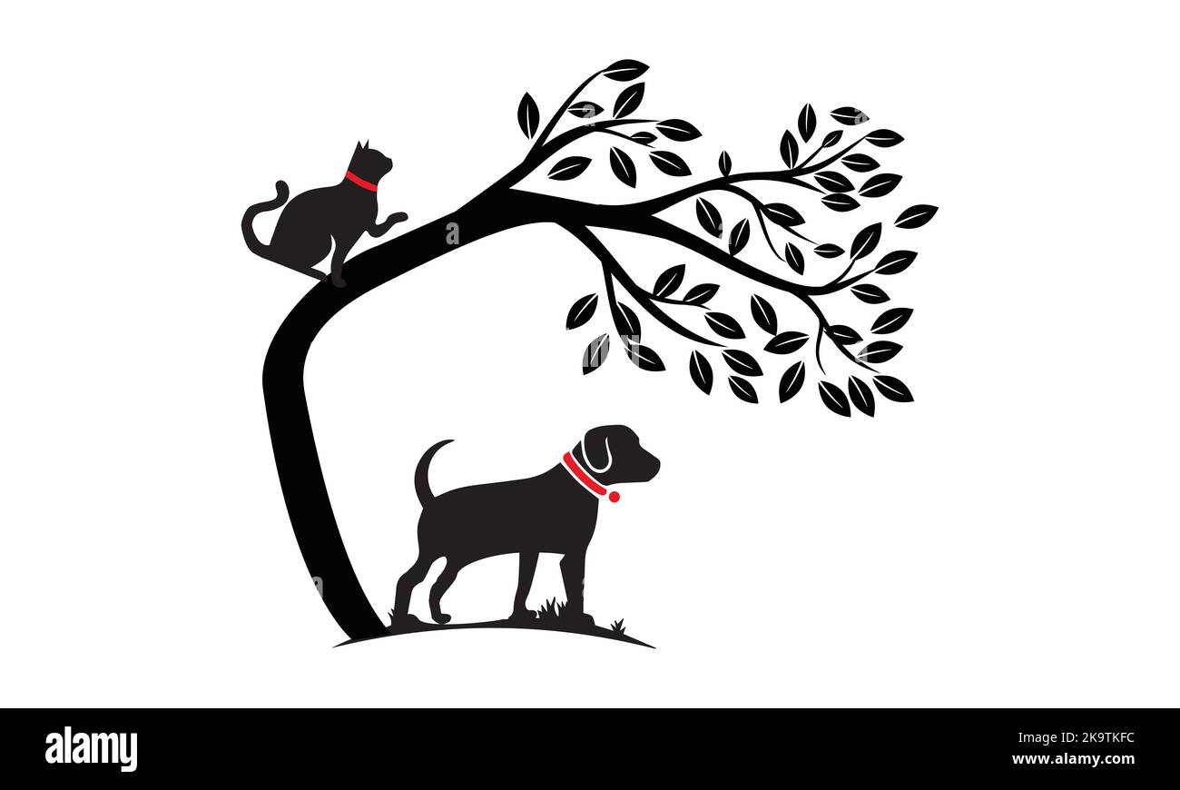 Dog With Cat And Tree logo design template. Vector Illustration Stock