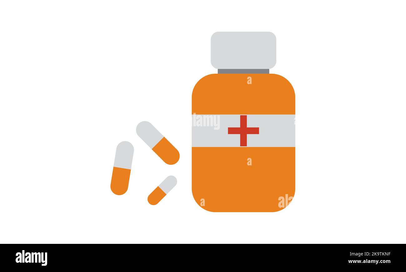 Pill bottle with various pills and capsules. Stock Vector