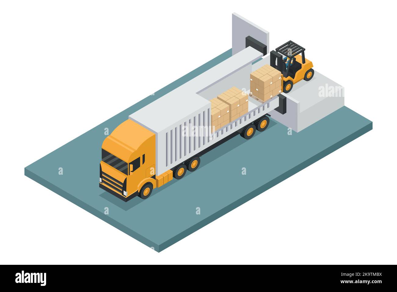 Isometric forklift unloading stacked boxes on pallet from container truck at unloading dock. Safety in handling a fork lift truck. Industrial logistic Stock Vector