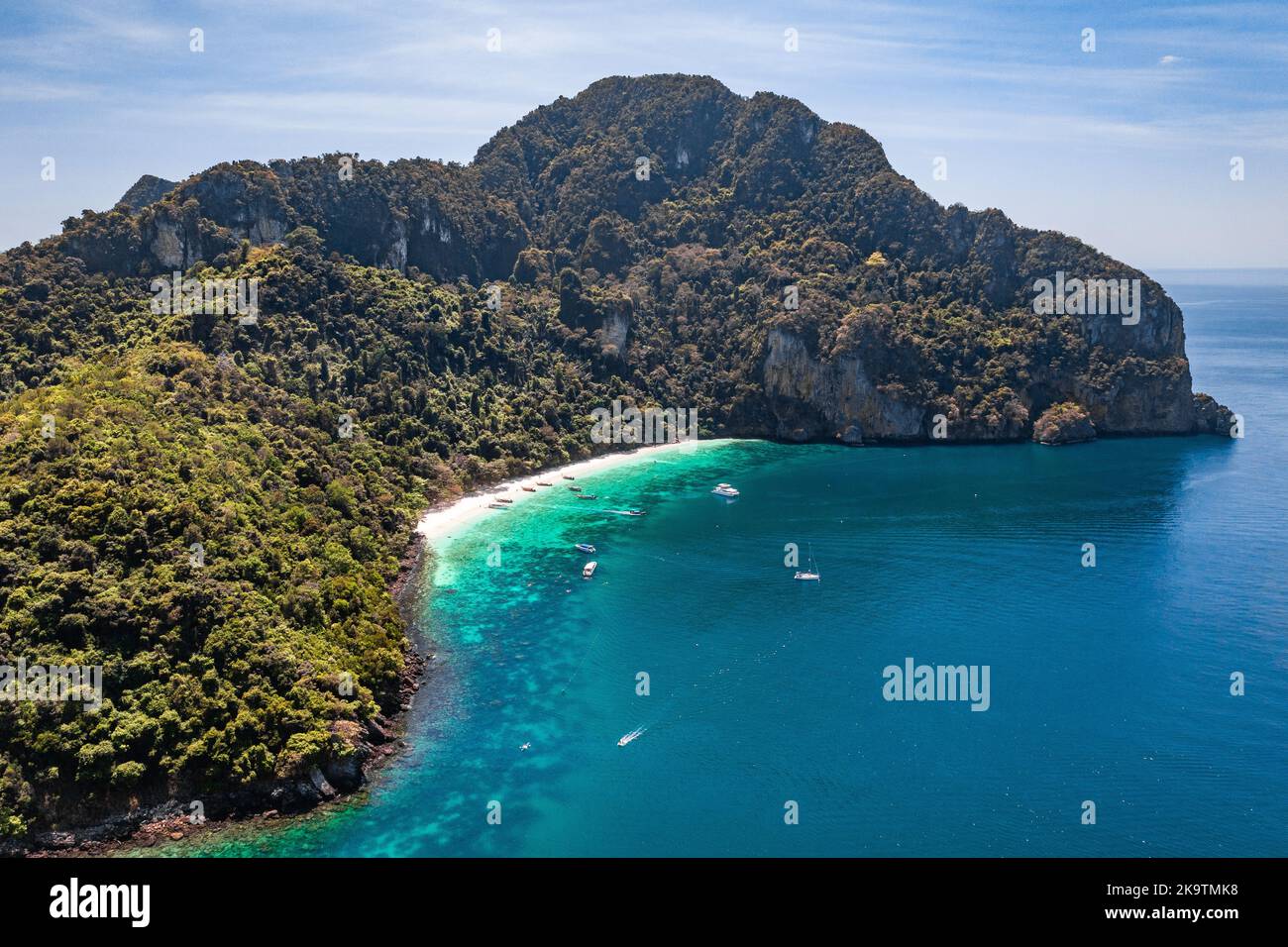 Aerial view of Loh Dalum and tonsai beach in koh Phi Phi islands, Krabi