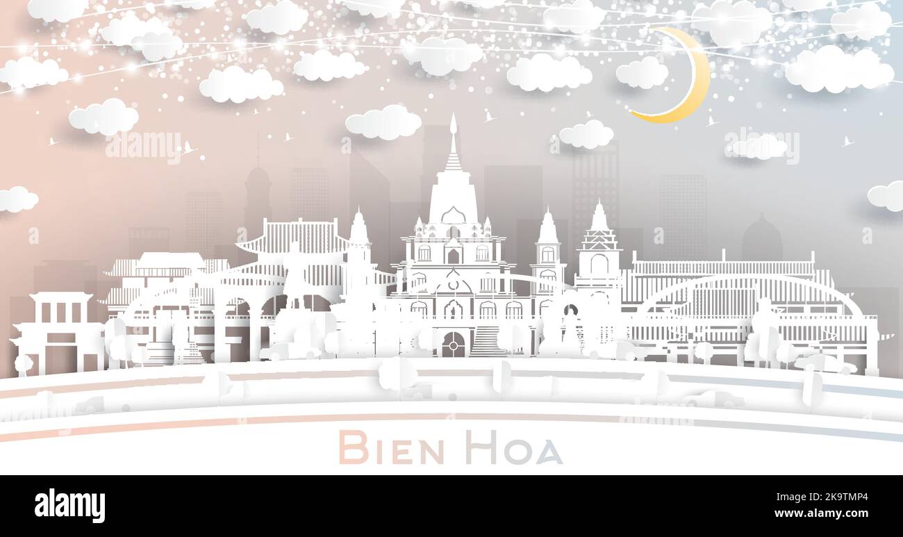 Bien Hoa Vietnam City Skyline in Paper Cut Style with White Buildings, Moon and Neon Garland. Vector Illustration. Business Travel and Tourism Concept Stock Vector