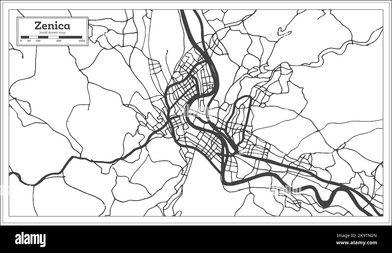 Zenica Bosnia and Herzegovina City Map in Black and White Color in Retro Style Isolated on White. Outline Map. Vector Illustration. Stock Vector