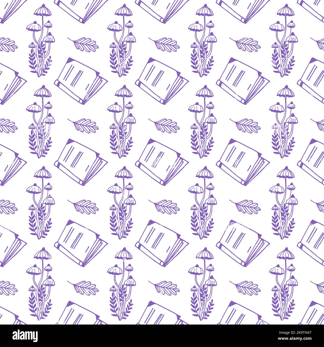 Magic concept vector seamless pattern. Seamless pattern of toadstools, book and herbs. Stock Vector