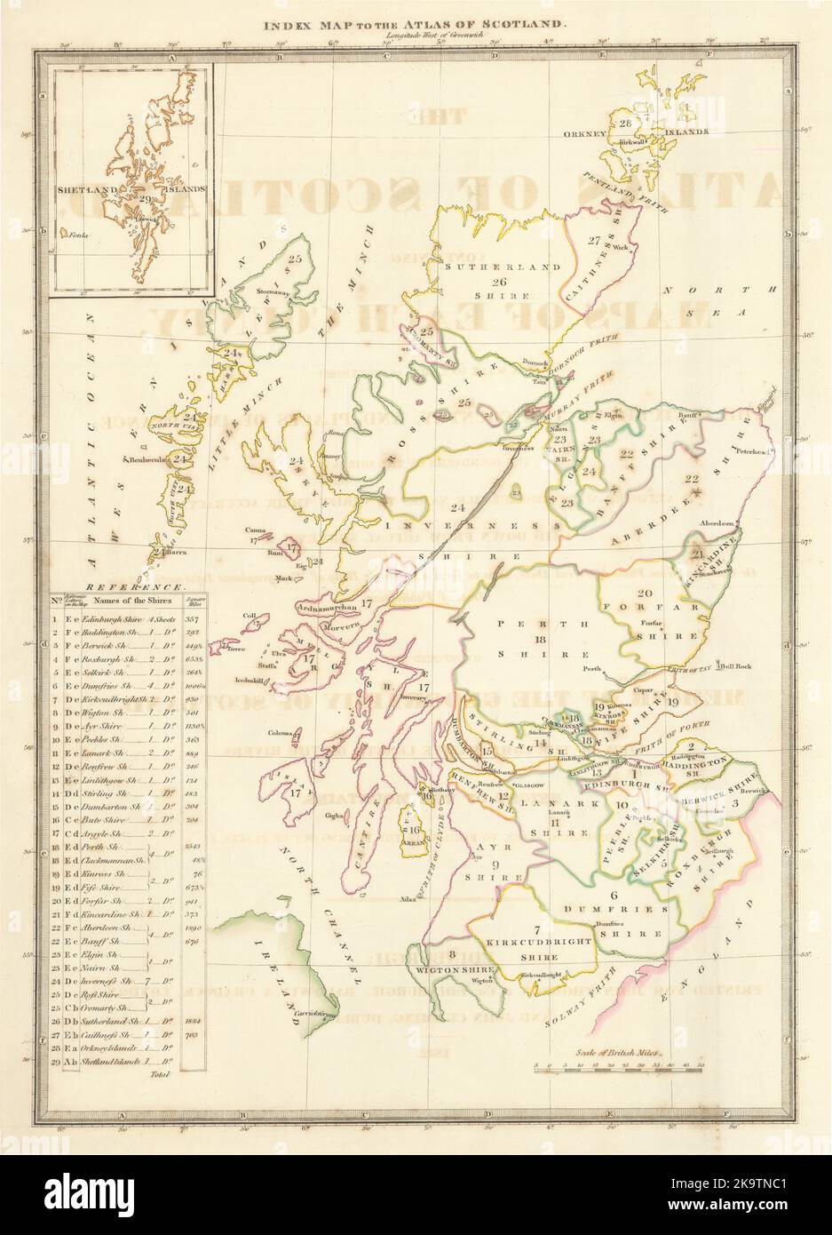 Index map to the Atlas of Scotland. Counties/Shires. THOMSON 1832 old Stock Photo