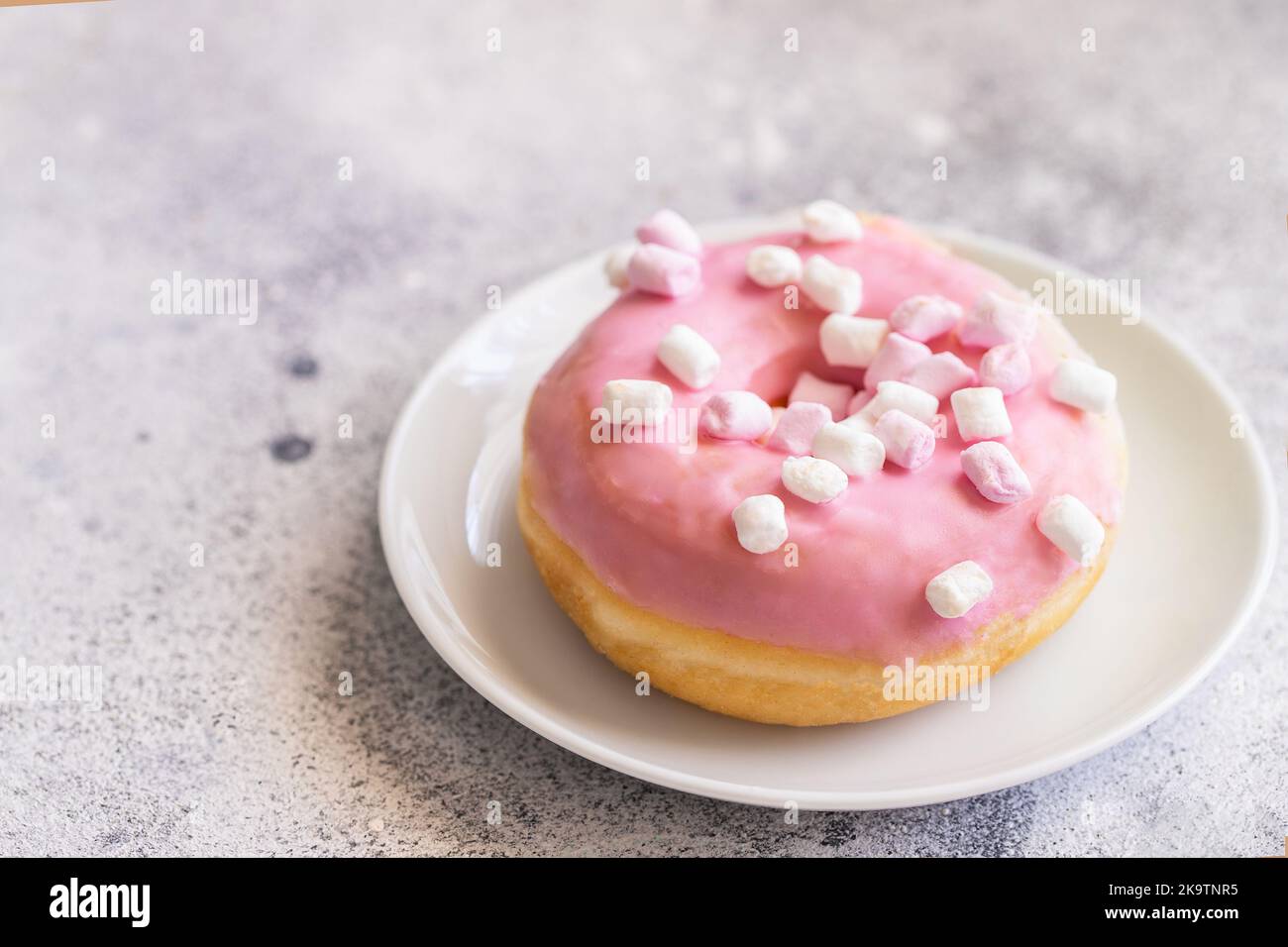 Pink glazed donut with marshmallow  on concrete background with cope space Stock Photo