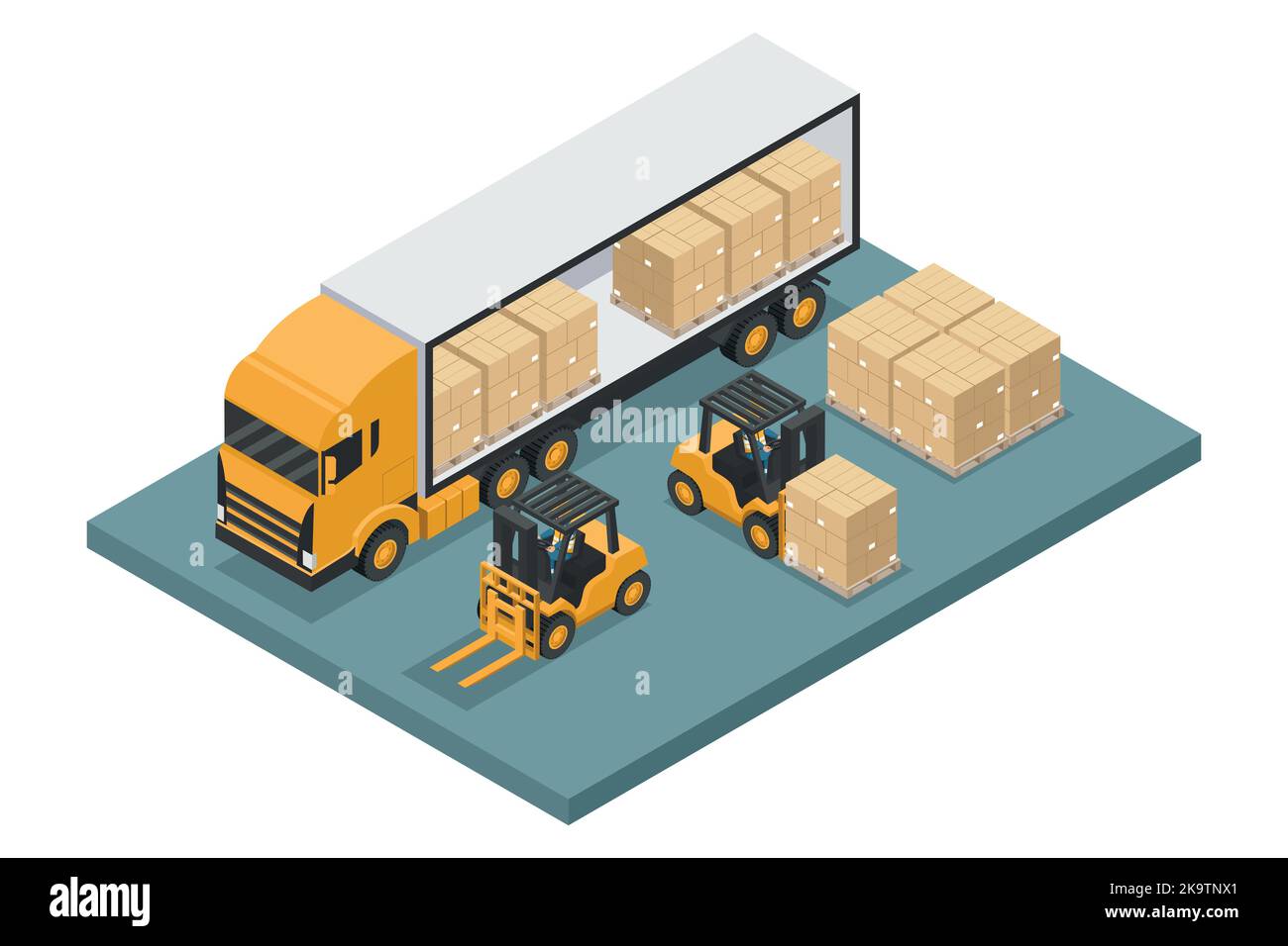 Isometric forklift unloading stacked boxes on pallet from container truck or delivery truck. Safety in handling a fork lift truck. Industrial logistic Stock Vector