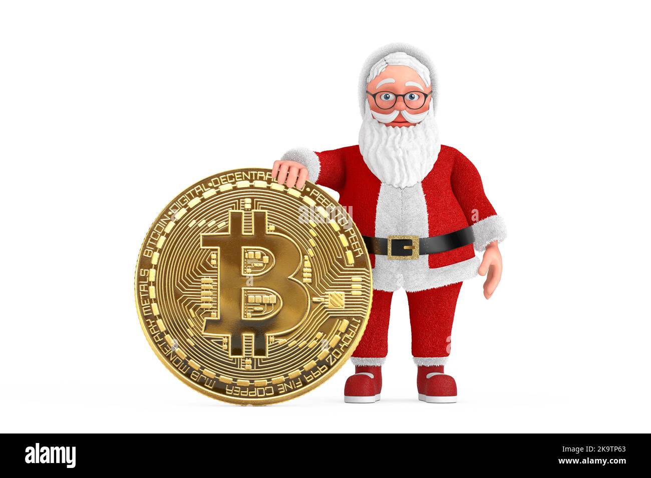 Cartoon Cheerful Santa Claus Granpa with Digital and Cryptocurrency Golden  Bitcoin Coin on a white background. 3d Rendering Stock Photo - Alamy