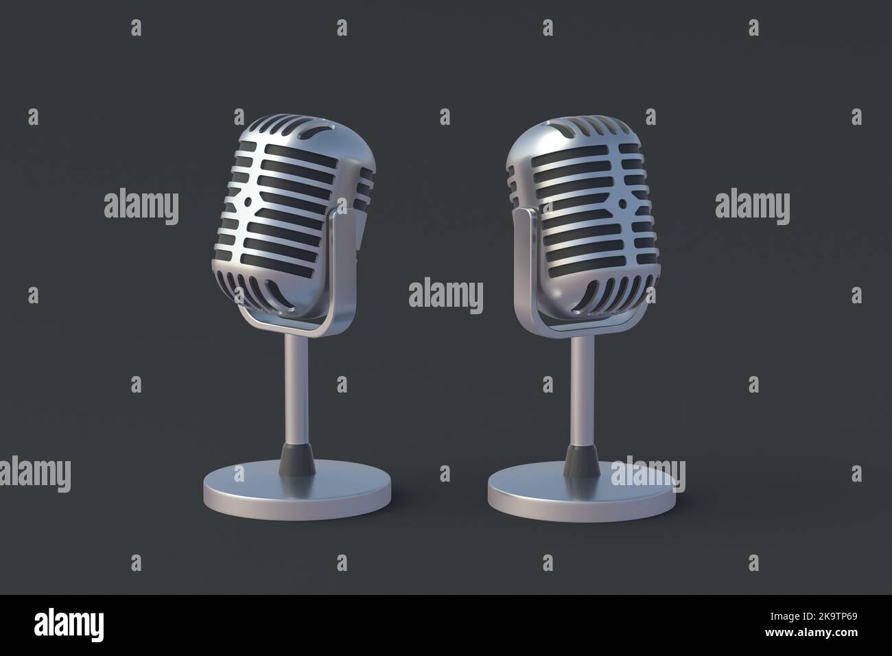 Vintage metallic microphones on gray background. Radio broadcast