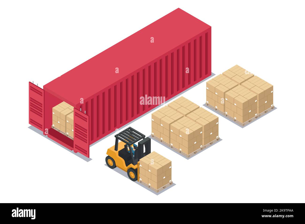 Isometric forklift unloading stacked boxes on pallet from red container  at unloading dock. Safety in handling a fork lift truck. Industrial logistics Stock Vector