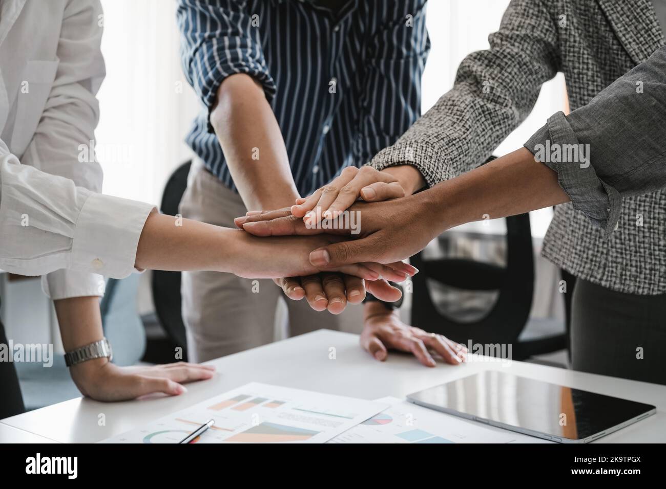 Close Up Happy Diverse Business People Putting Hands Together, Showing ...