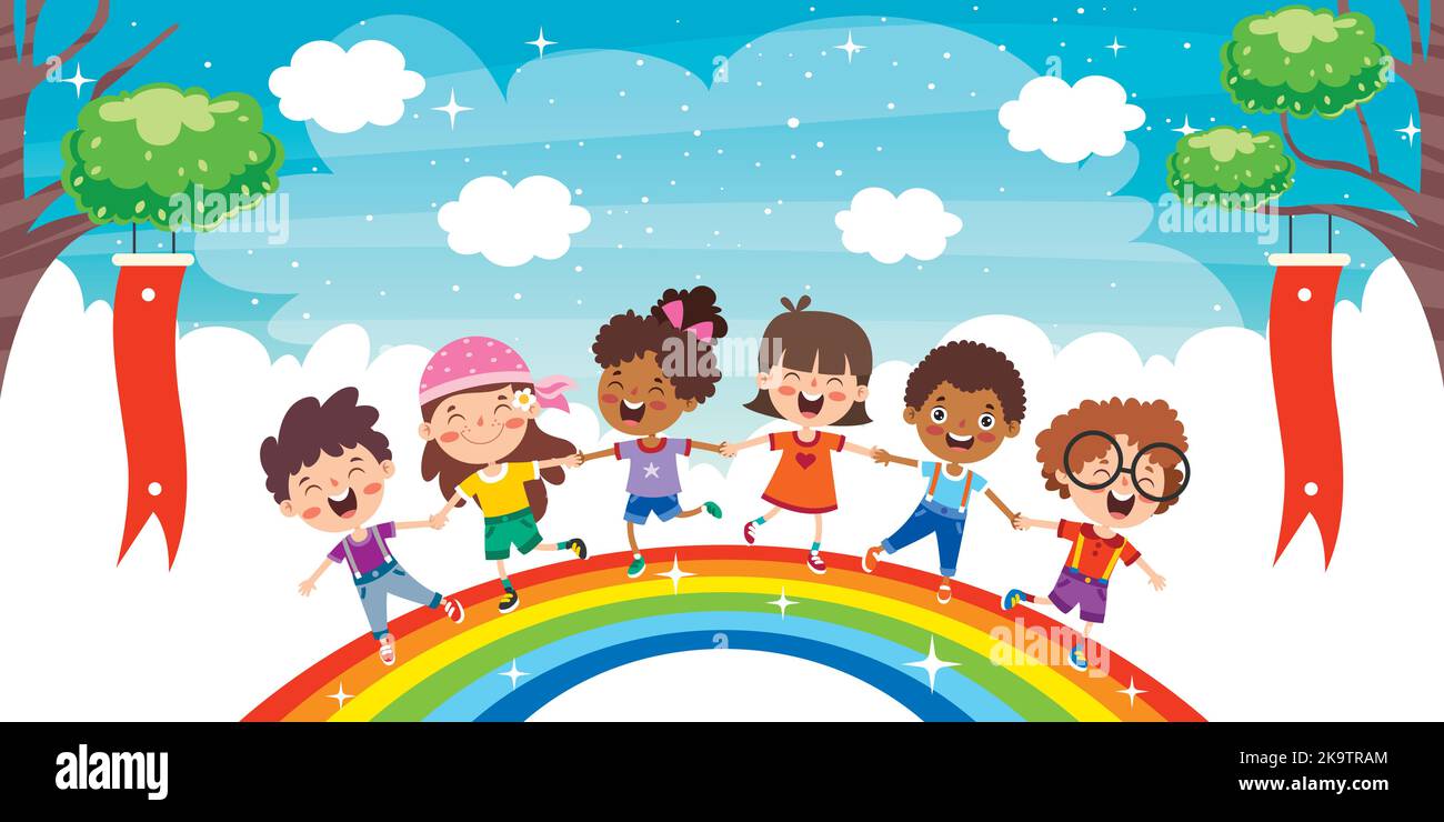 Multi Ethnic Kids Playing On Rainbow Stock Vector Image & Art - Alamy