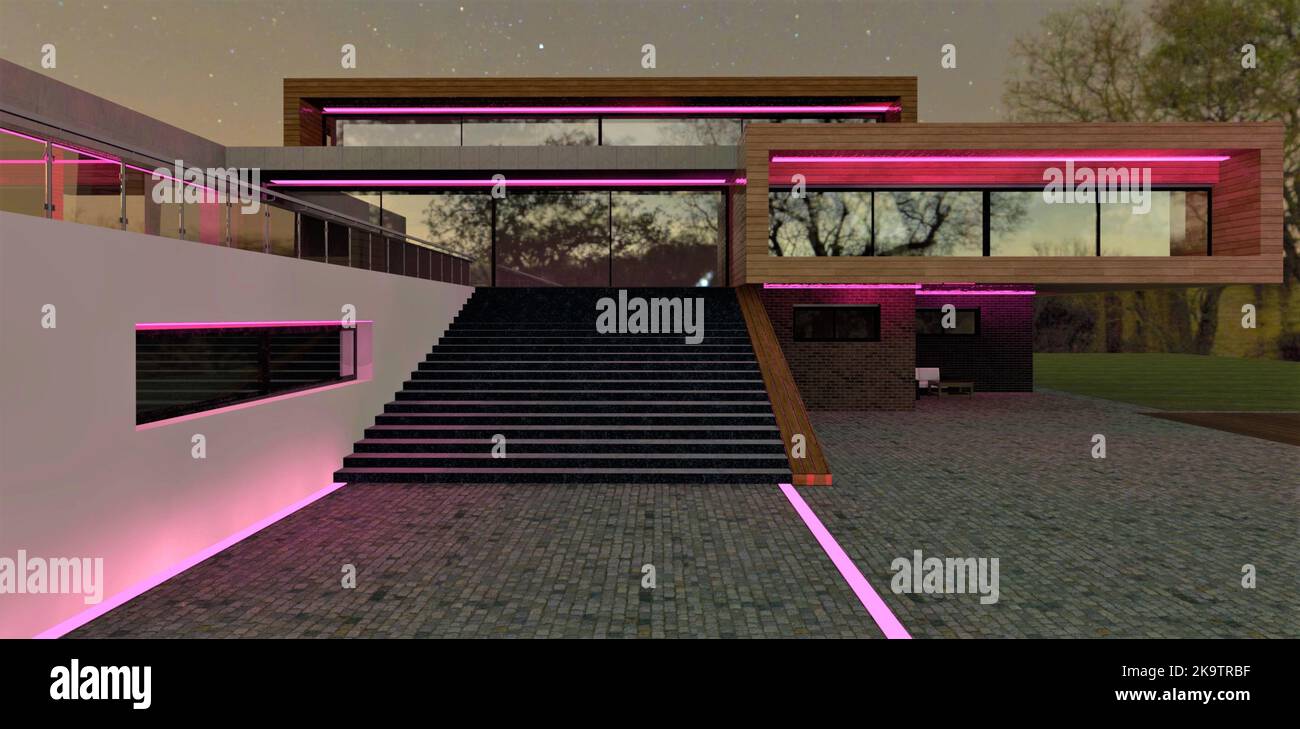 Illumination of the exterior of the building with a red LED strip. Advanced  country villa in the darkness of the night. 3d render Stock Photo - Alamy