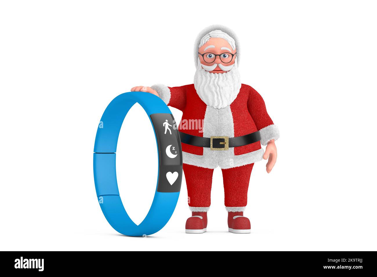 Cartoon Cheerful Santa Claus Granpa with Blue Fitness Tracker on a white background. 3d Rendering Stock Photo