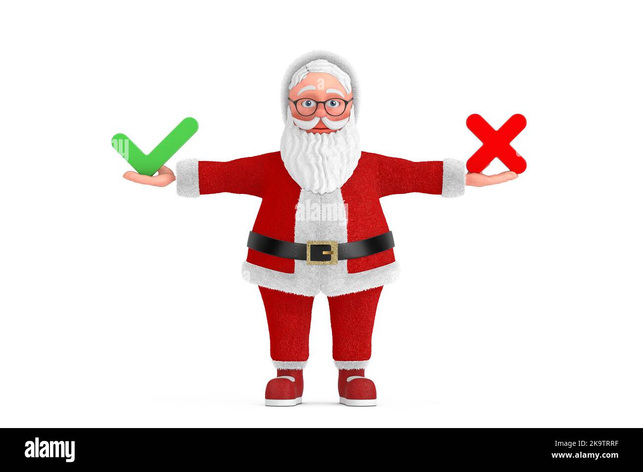 Cartoon Cheerful Santa Claus Granpa with Red Cross and Green Check Mark, Confirm or Deny, Yes or