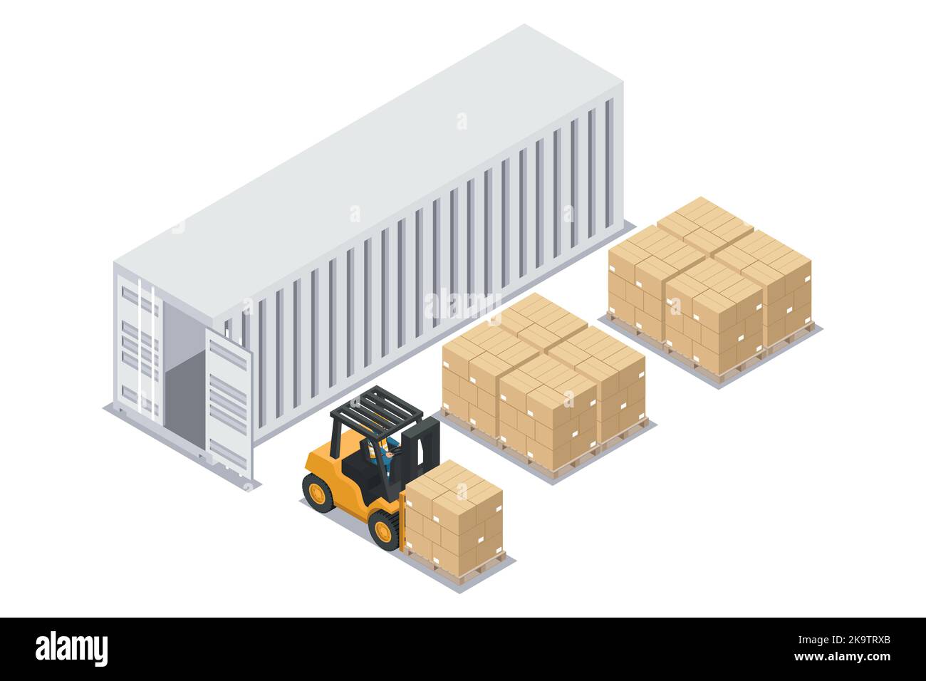 Isometric forklift unloading stacked boxes on pallet from container  at unloading dock. Safety in handling a fork lift truck. Industrial logistics of Stock Vector