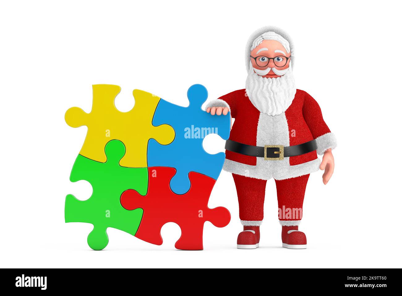 Cartoon Cheerful Santa Claus Granpa with Four Pieces of Colorful Jigsaw ...