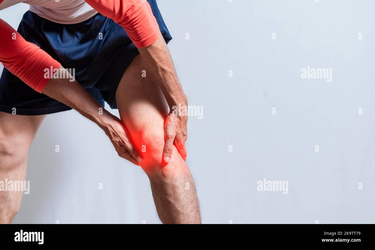 Person with leg muscle pain isolated. Sore man with leg muscle pain. People with leg muscle inflammation isolated. Muscle tear concept, Medical Stock Photo
