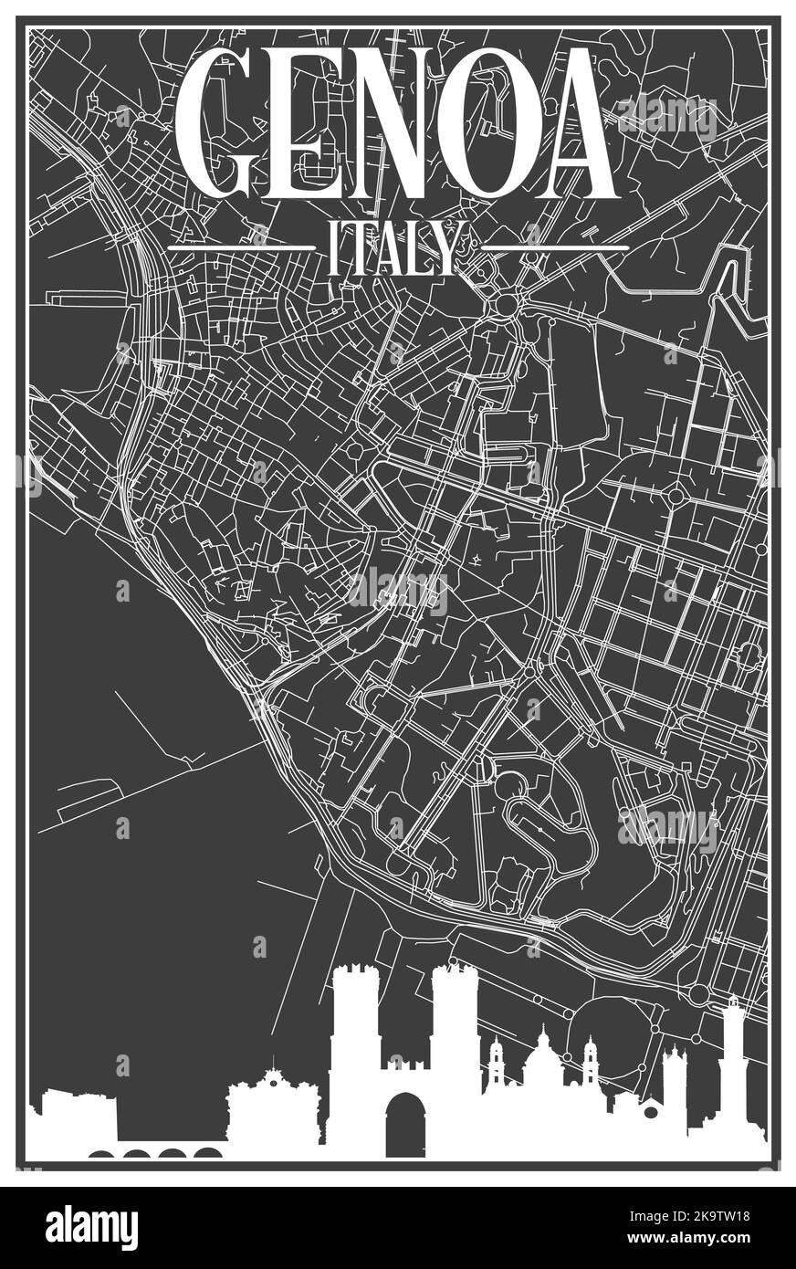 Hand-drawn downtown streets network printout map of GENOA, ITALY Stock Vector