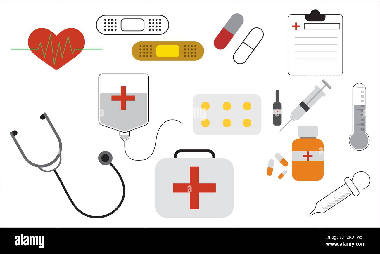 First aid kit box with medical equipment. Bandage, medicine, syringe