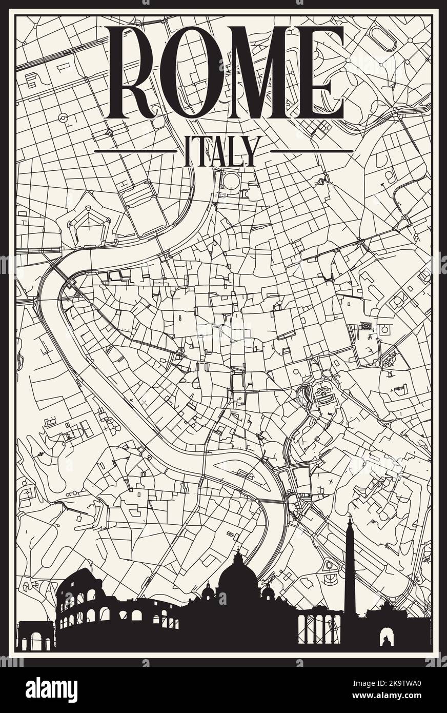 Hand drawn downtown streets network - Hand Drawn Downtown Streets Network Printout Map Of Rome Italy 2K9TWA0