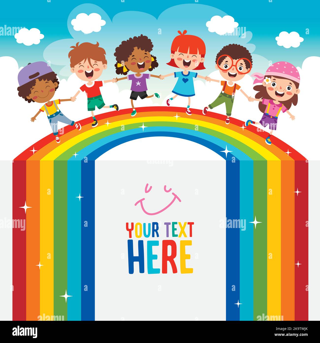 Multi Ethnic Kids Playing On Rainbow Stock Vector Image & Art - Alamy