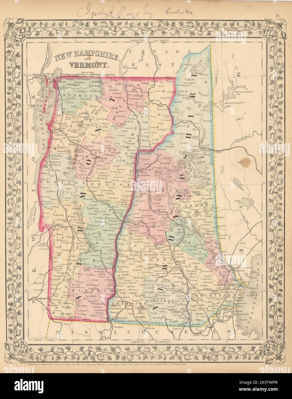 New Hampshire and Vermont State map in counties by S. Augustus Mitchell 1869 Stock Photo