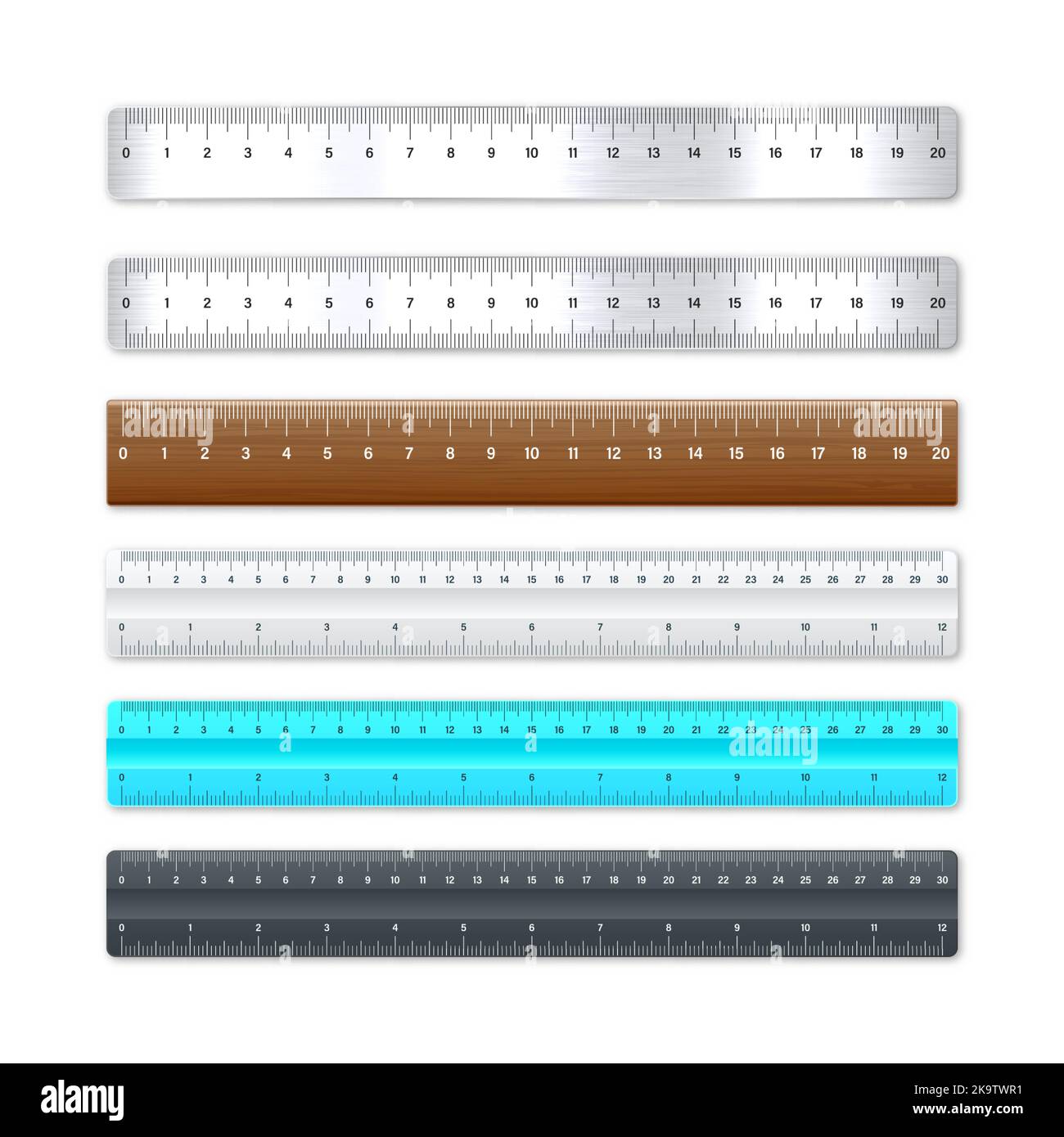 Realistic various metal and plastic rulers with measurement scale and