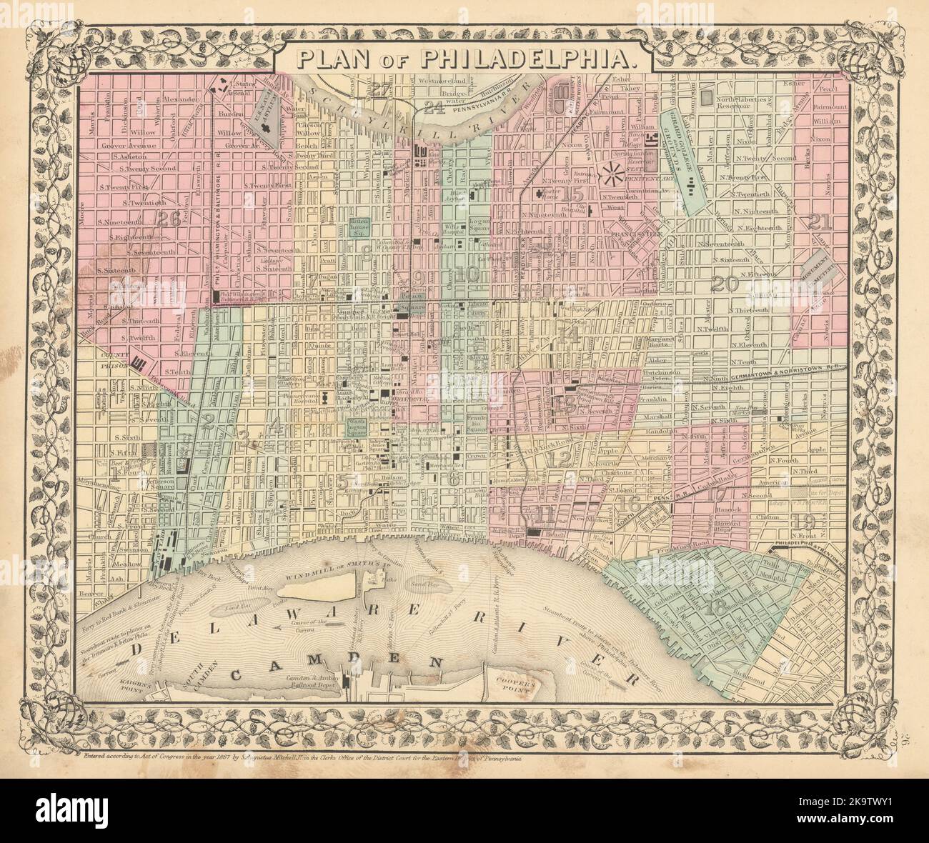 City 'Plan of Philadelphia' by Samuel Augustus Mitchell 1869 old antique map Stock Photo