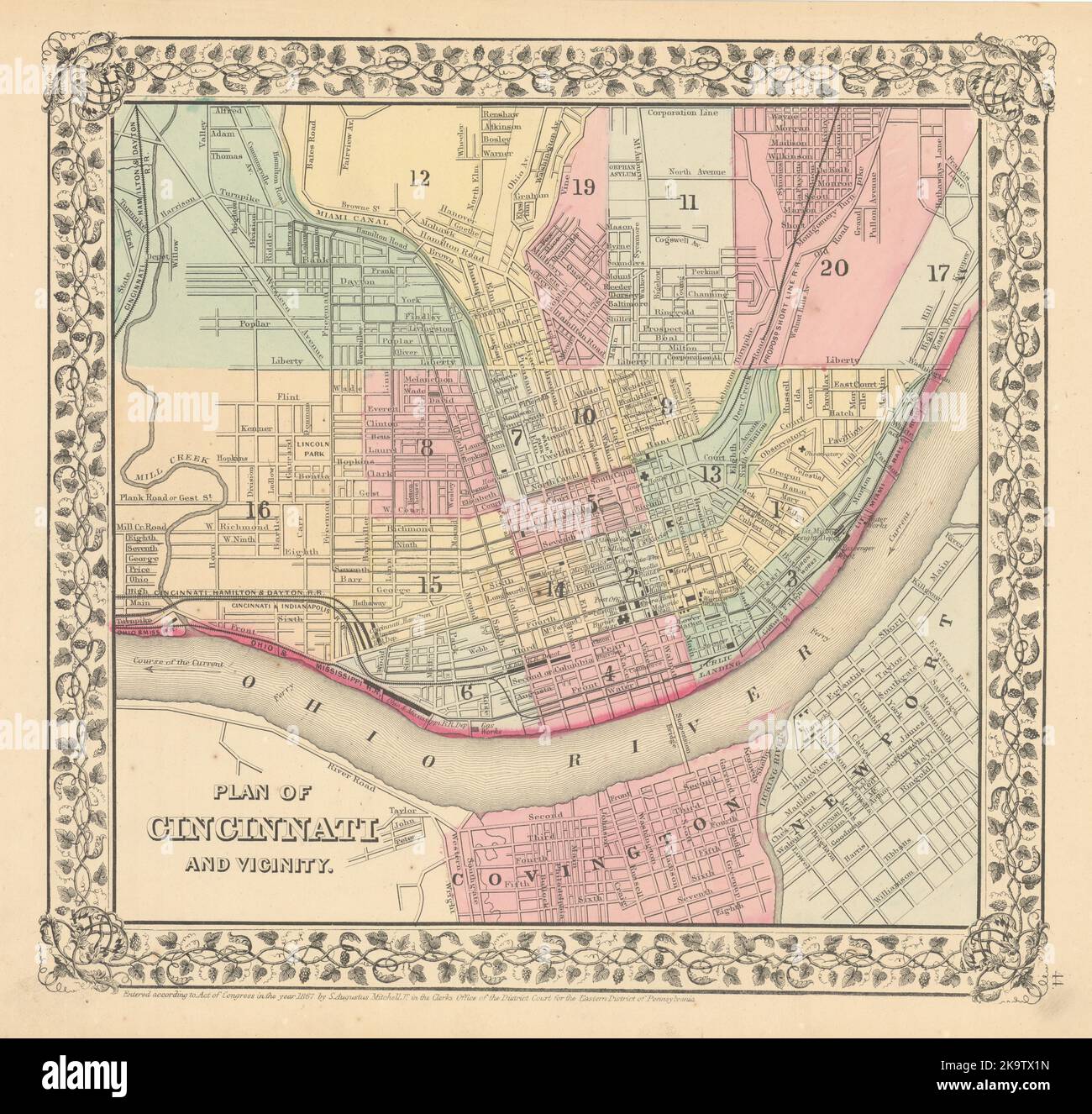 City "Plan of the City of Cincinnati…" by Samuel Augustus Mitchell 1869 map Stock Photo