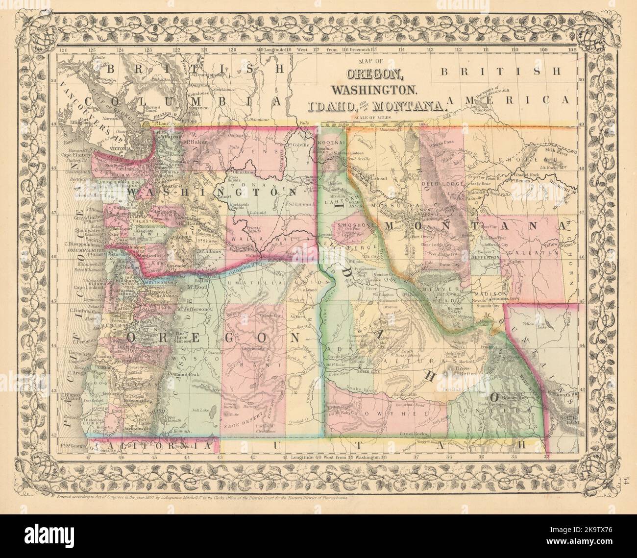 Map of Oregon, Washington, Idaho, and Part of Montana. MITCHELL 1869 old Stock Photo