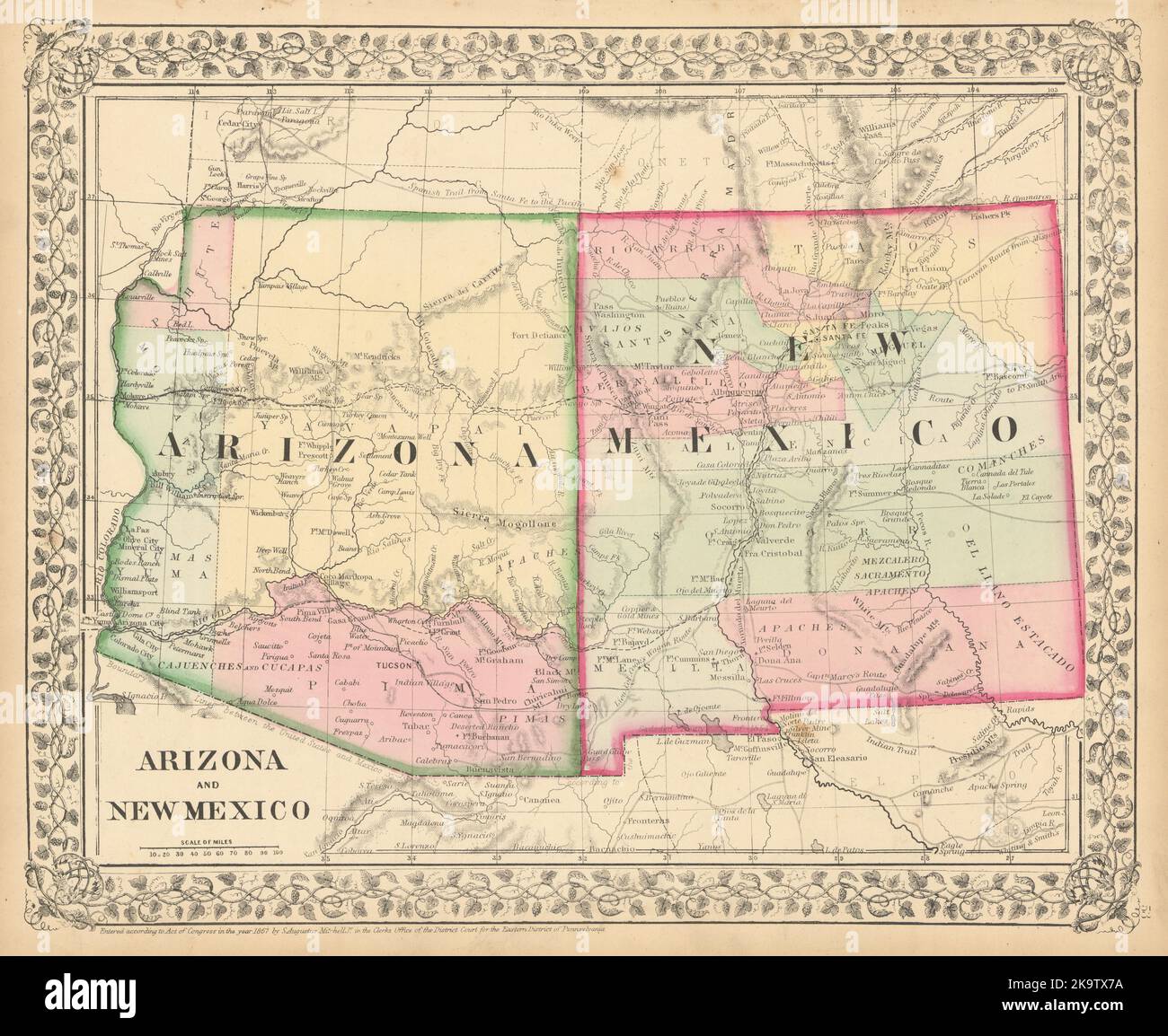 Arizona and New Mexico by Samuel Augustus Mitchell. State map. Counties 1869 Stock Photo