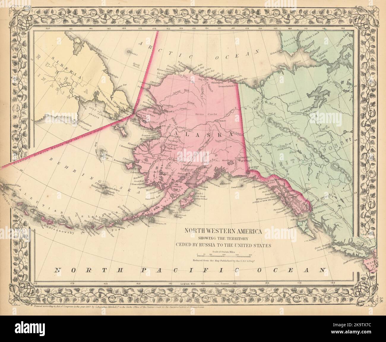 Northwestern America showing… Territory ceded by Russia Alaska MITCHELL 1869 map Stock Photo