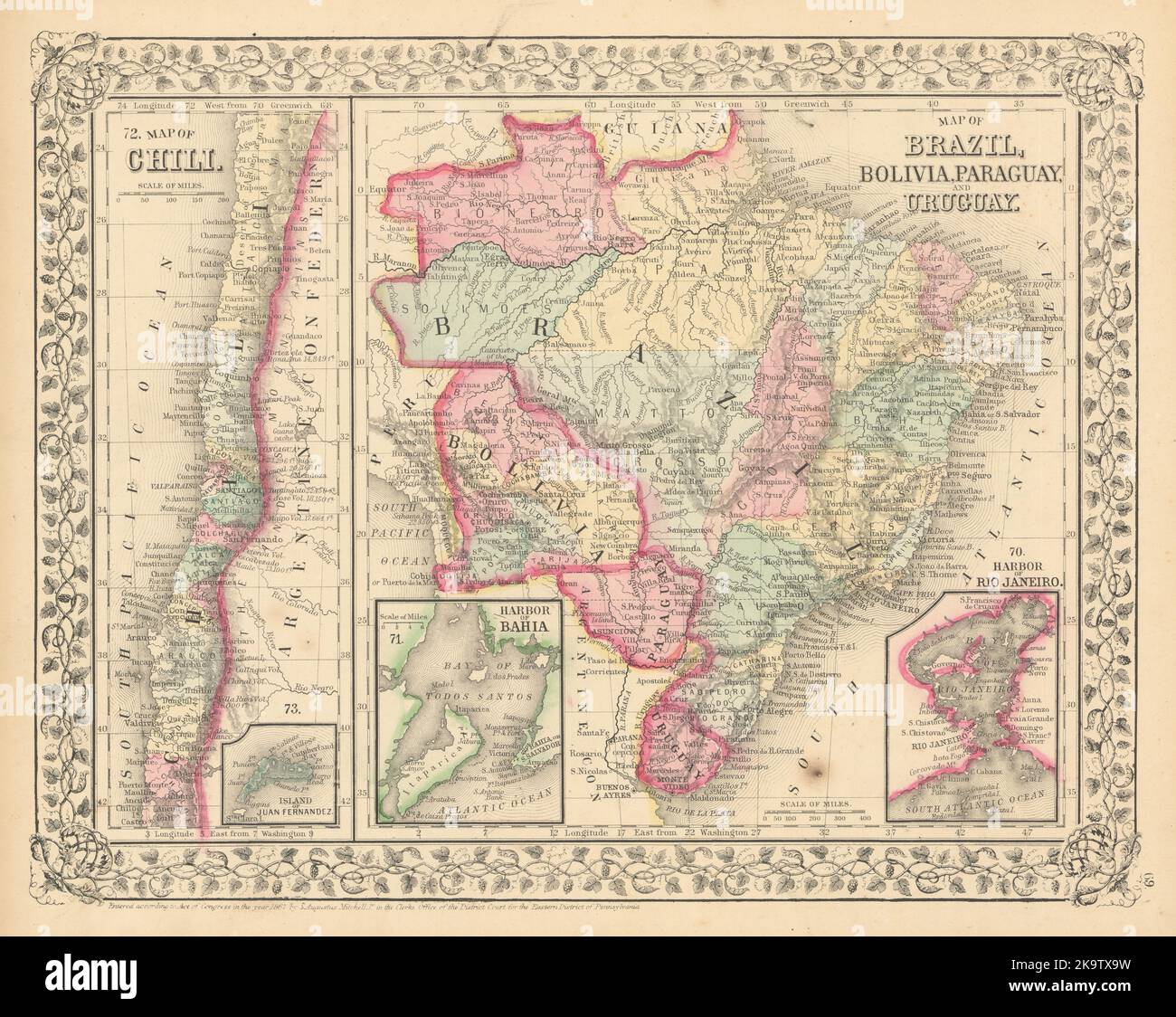 Brazil Bolivia Paraguay Uruguay Chile. Rio de Janeiro & Bahia. MITCHELL 1869 map Stock Photo