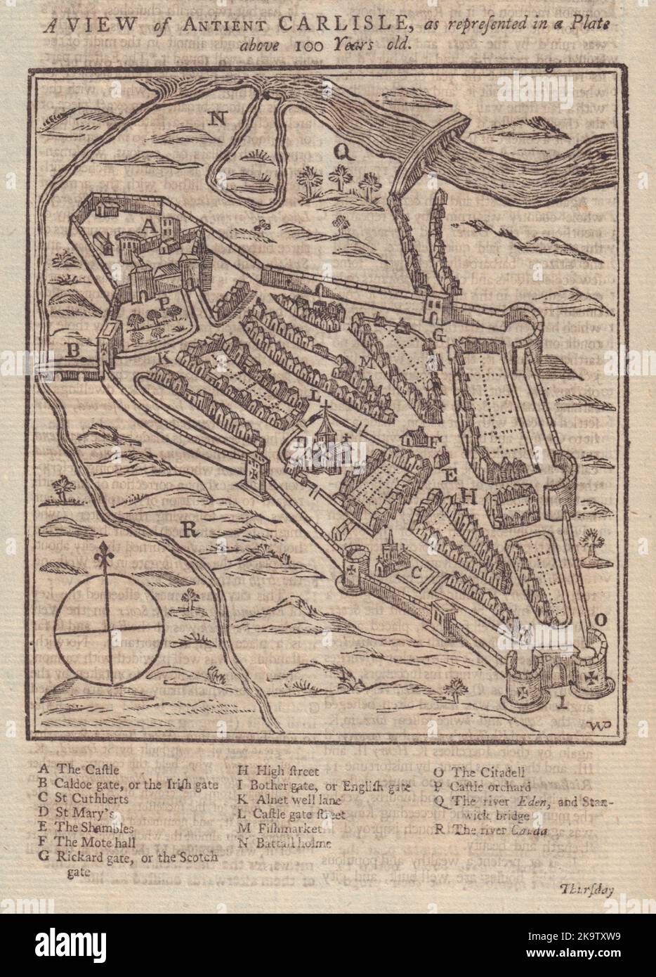 A View of Antient Carlisle. Town/city plan. Cumbria. GENTS MAG 1745 old map Stock Photo