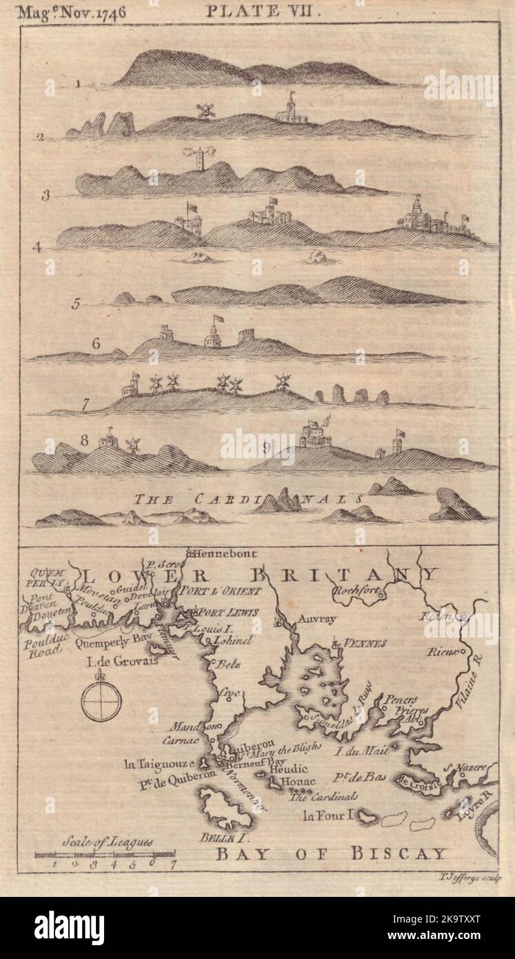 Lower Brittany. Morbihan coast map & profiles. JEFFERYS. GENTS MAG 1746 Stock Photo