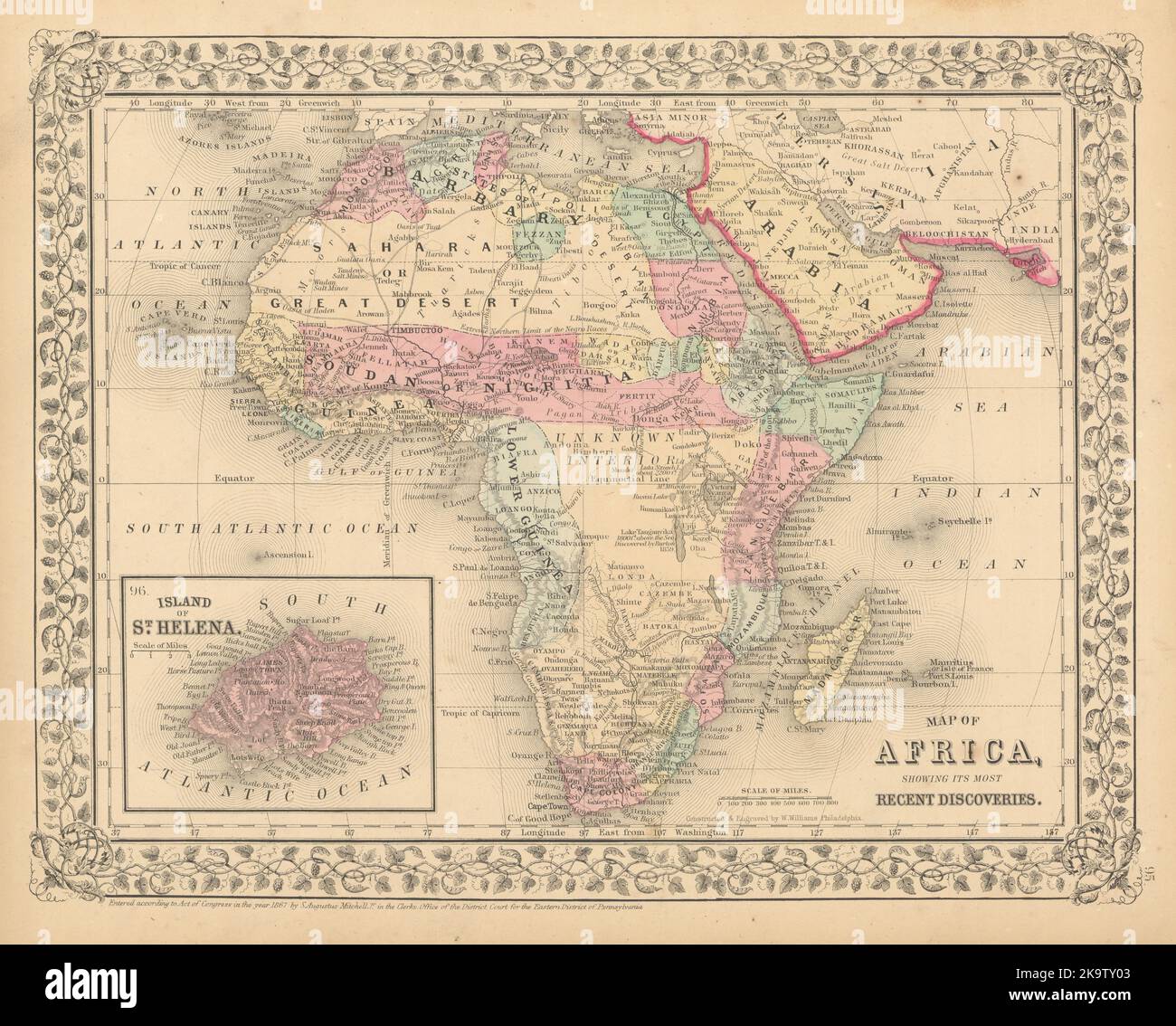 Map of Africa showing its Most Recent Discoveries. St. Helena. MITCHELL 1869 Stock Photo