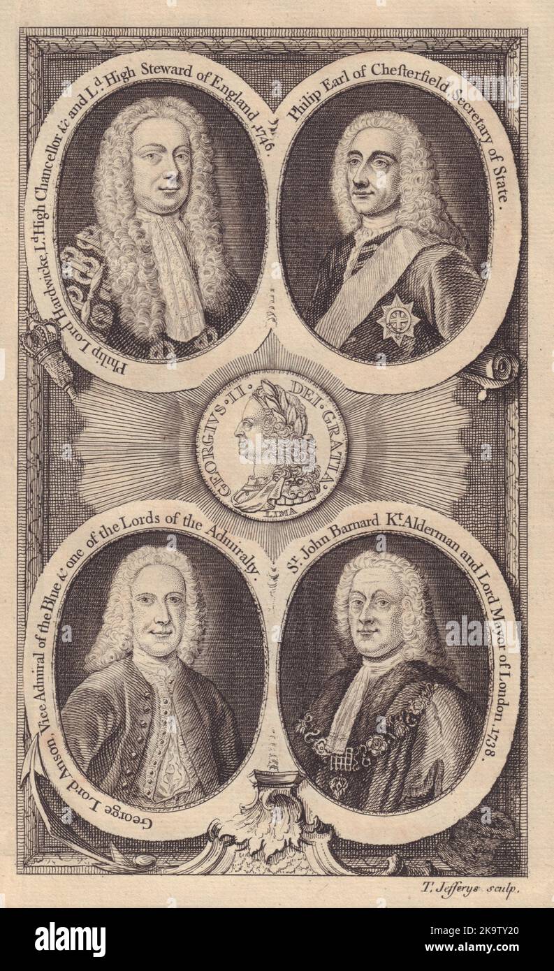 King George II. Philip Earl Hardwick Chesterfield George Anson John Barnard 1747 Stock Photo