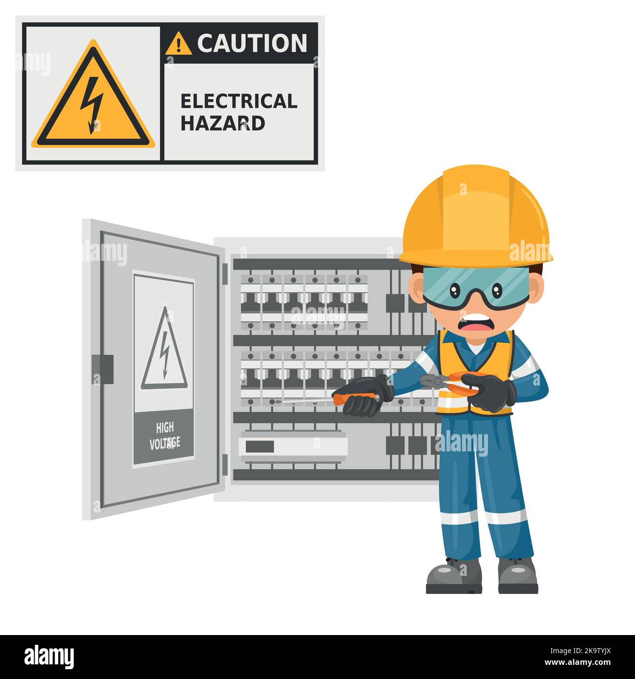 Caution, electrical hazard. Industrial electrician worker manipulating electrical box or high voltage electrical switch panel. Security First. Industr Stock Vector