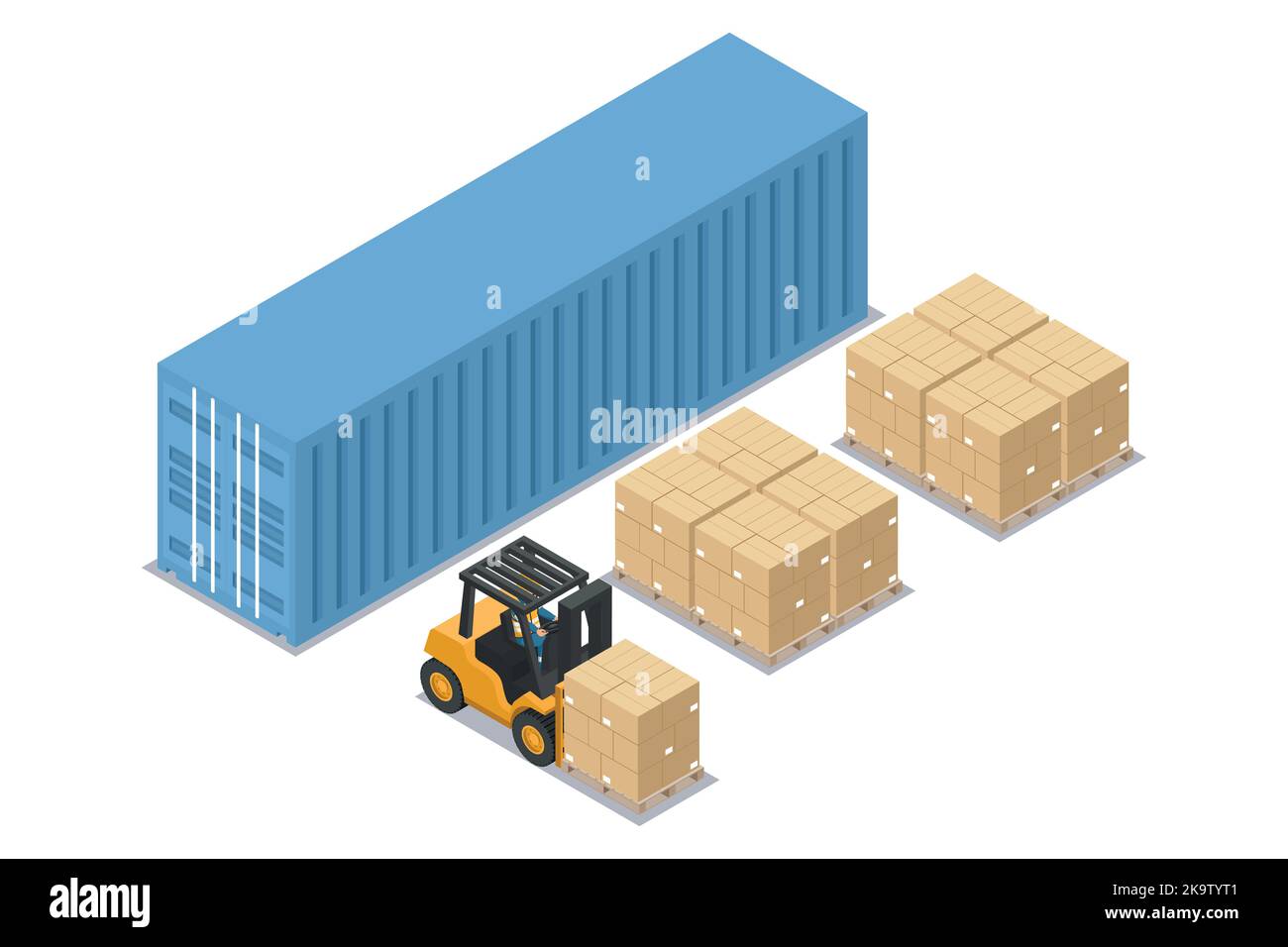 Isometric forklift unloading stacked boxes on pallet from blue container  at unloading dock. Safety in handling a fork lift truck. Industrial logistic Stock Vector