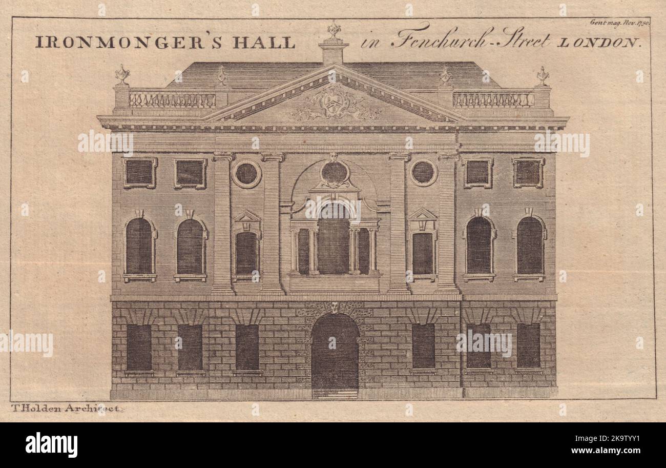 Elevation of Ironmonger's Hall in Fenchurch Street London. GENTS MAG 1750 Stock Photo