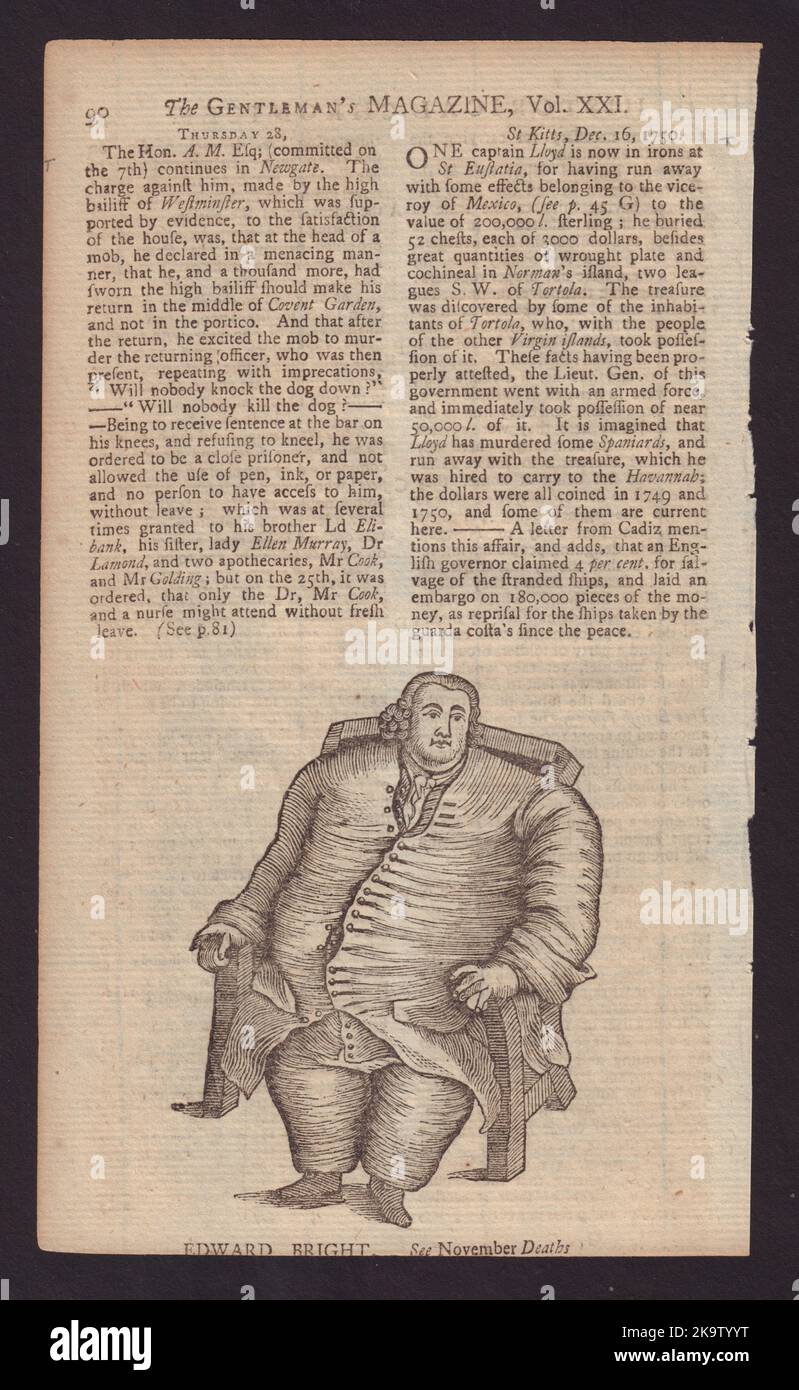 Edward Bright of Malden, Essex, remarkable for his bulk. A large gentleman 1751 Stock Photo