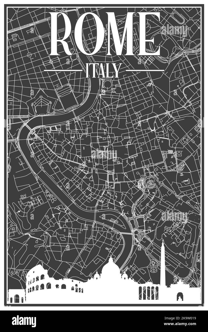 Hand-drawn downtown streets network printout map of ROME, ITALY Stock Vector