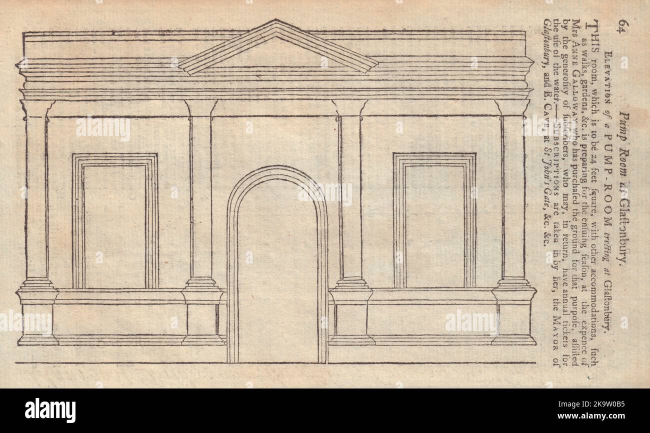 Elevation of a Pump Room at Glastonbury, Somerset. GENTS MAG 1753 old print Stock Photo