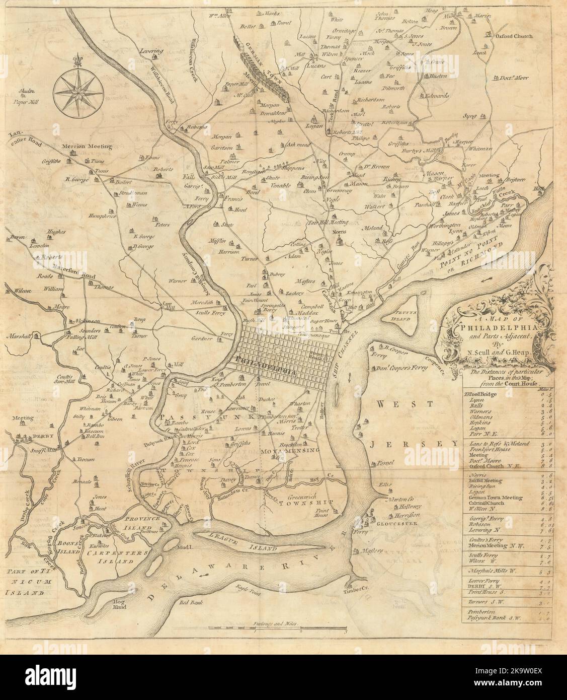 A map of Philadelphia and parts adjacent. Pennsylvania. SCULL & HEAP 1753 Stock Photo