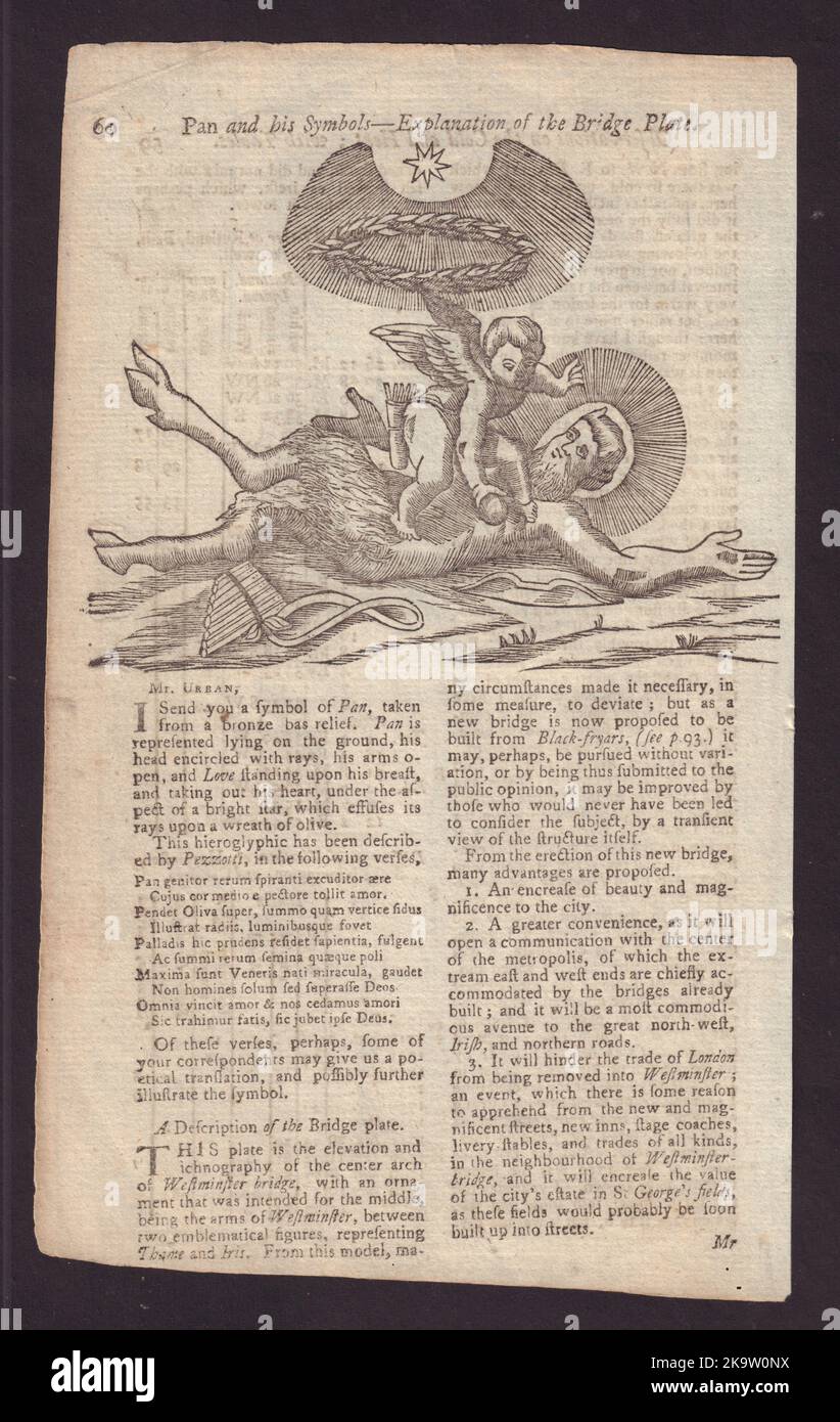 Ancient Figure of Pan and his Symbols. GENTS MAG 1754 old antique print Stock Photo